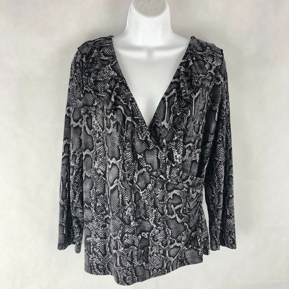 Jones NY Black Gray Mock Wrap Animal Pattern Top L